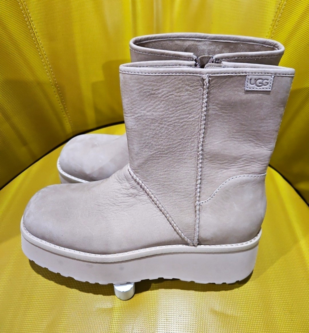 UGG Women's Suede Platform Mid-Calf Zip Boots Round Toe Logo Beige US 10